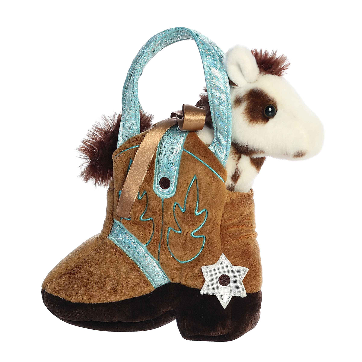 Giddyup Boot plush from Fancy Pals, featuring a horse in a cowboy boot with turquoise accents