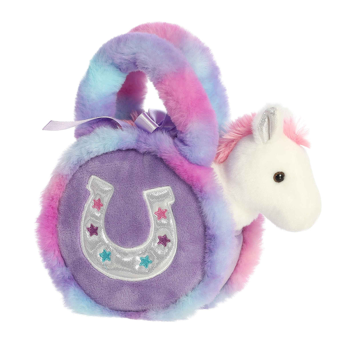 Lavender Horseshoe plush from Fancy Pals, featuring a white horse in a purple and pink horseshoe carrier