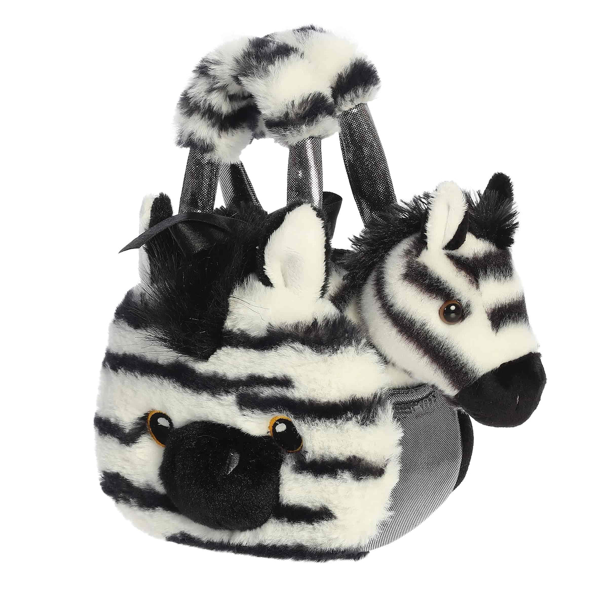 A black-and-white striped carrier with an embroidered face and removable zebra plush from Fancy Pals by Aurora.