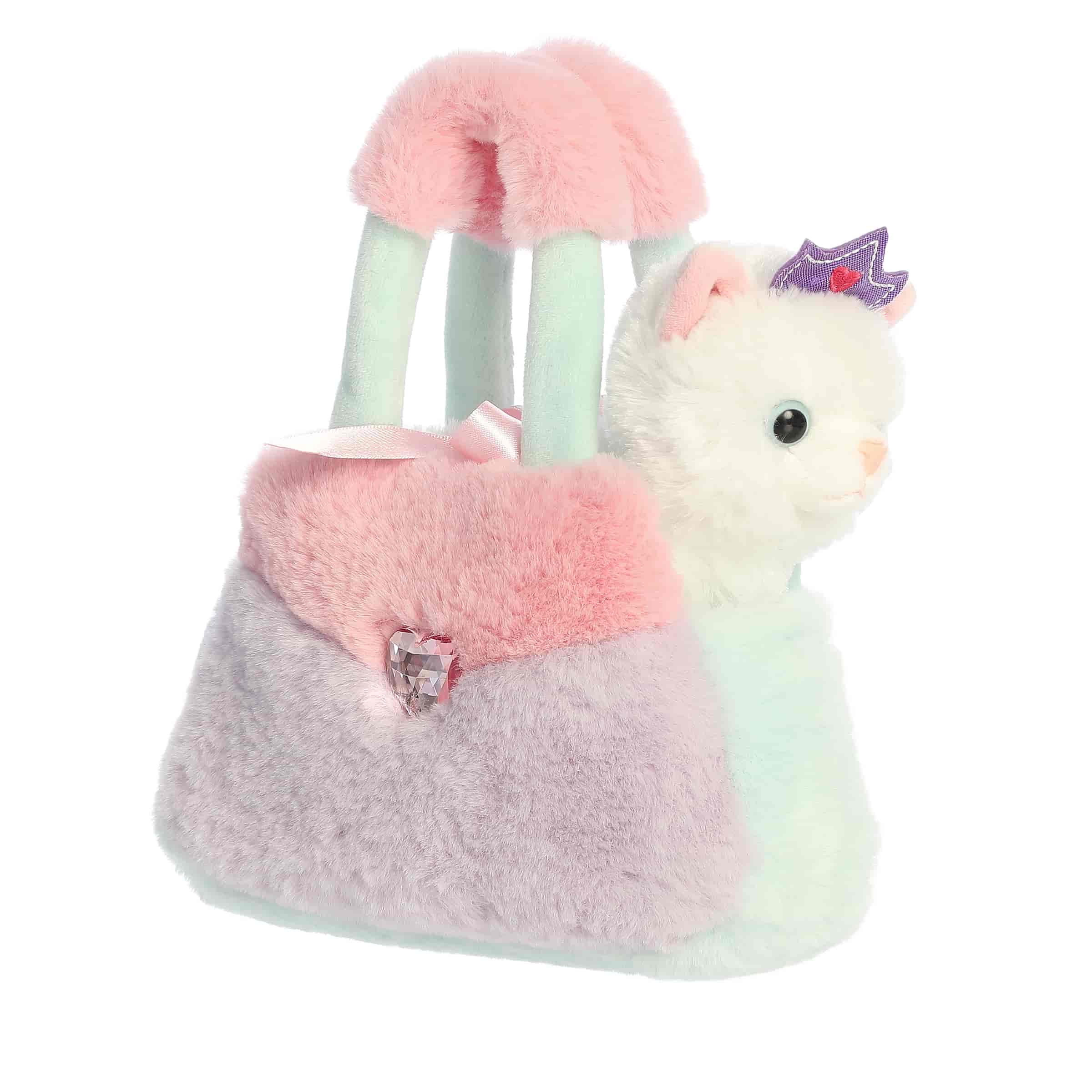 A pastel pink, lavender, and mint carrier with a crowned kitty plush inside from Fancy Pals by Aurora