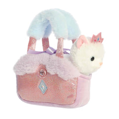 A pink and lavender carrier with sparkling details and a crowned kitty plush from Fancy Pals by Aurora.