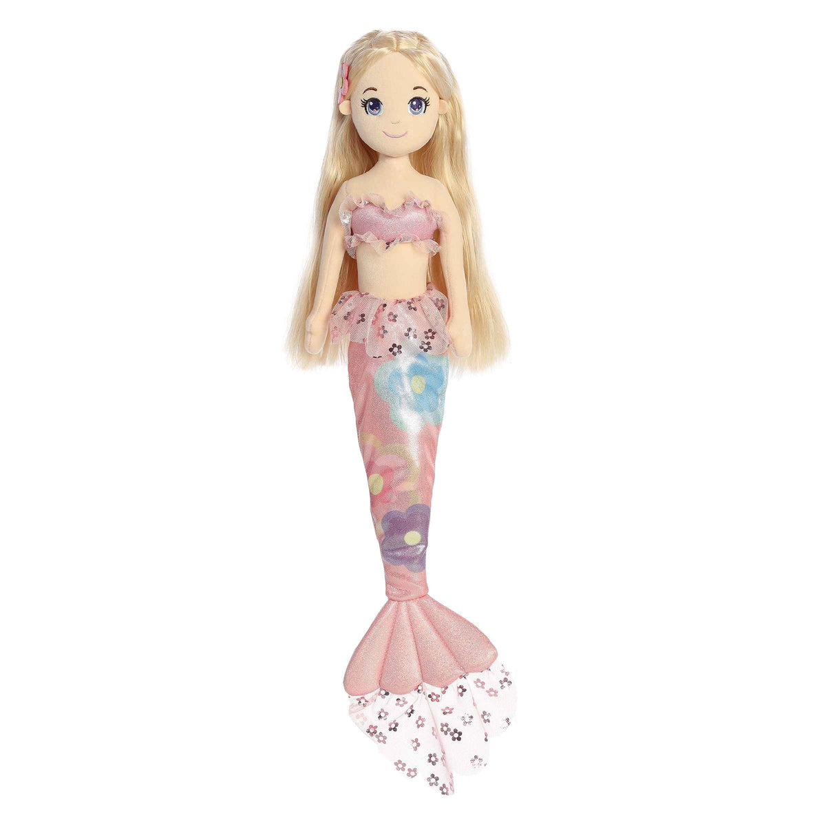 Floral Sparkles - Daisy mermaid from Sea Sparkles, with coral-red hair and a rainbow tail, ideal for imaginative play