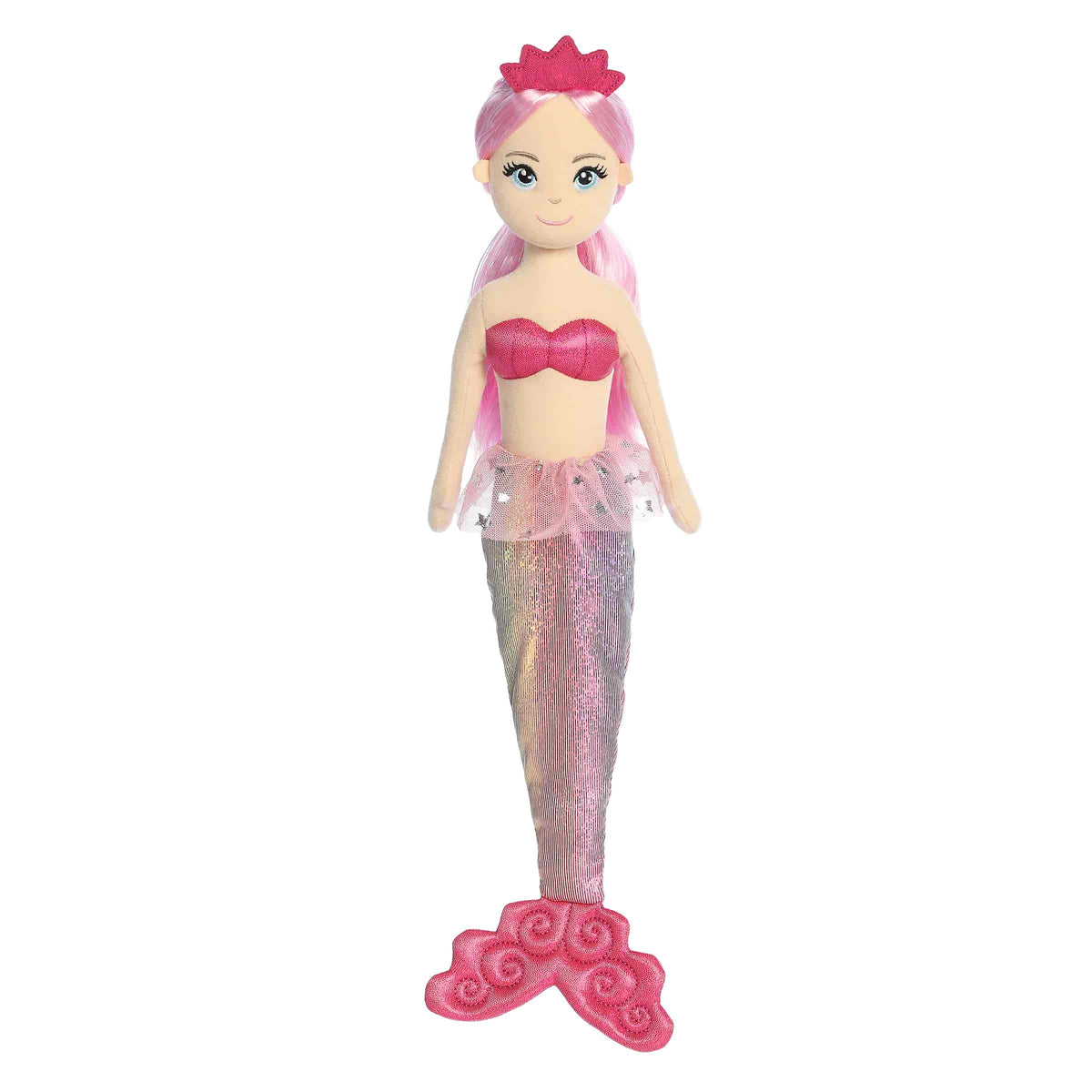 A pink-haired mermaid plush with a glittery fuchsia top and rainbow tail from Sea Sparkles by Aurora.