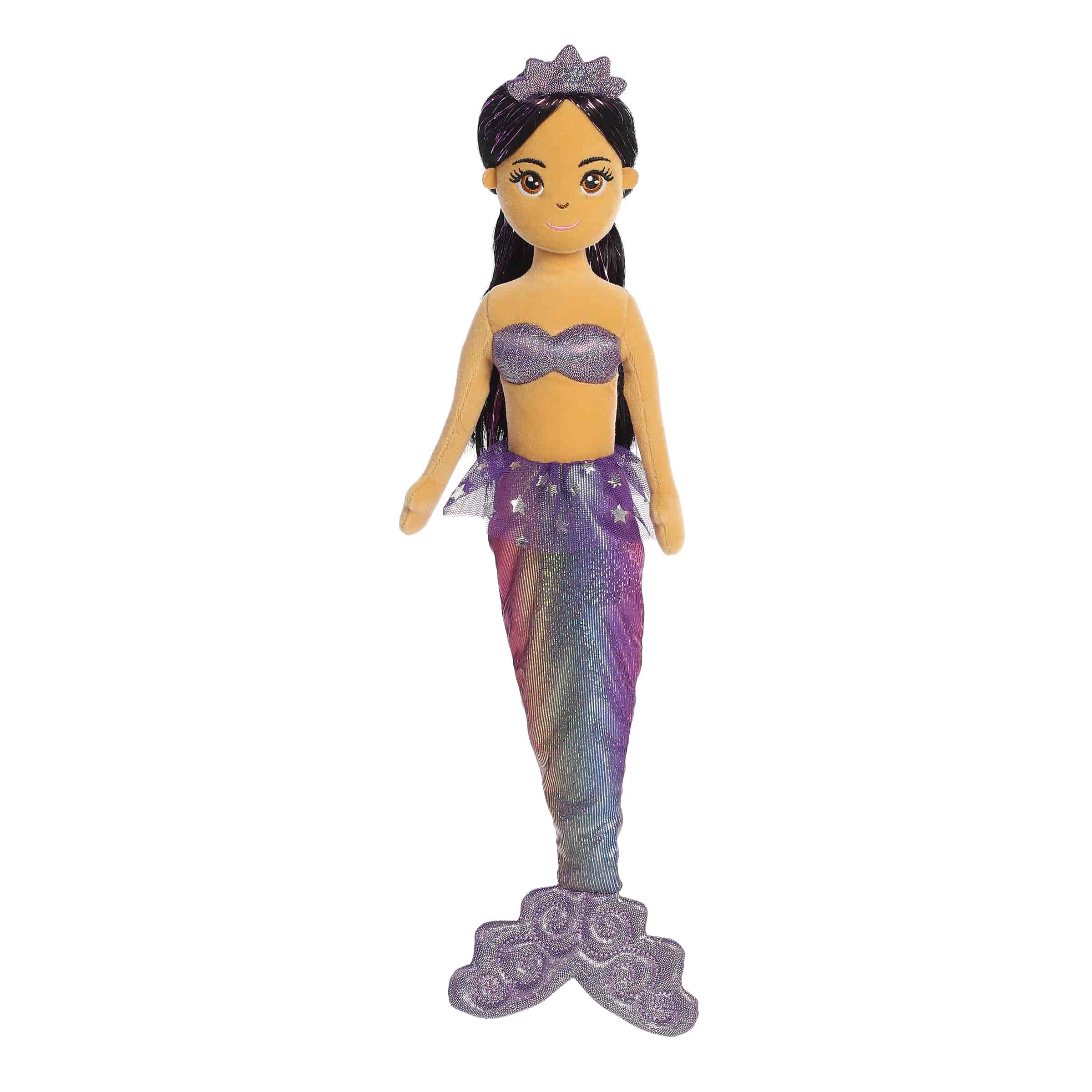 A dark-haired mermaid plush with a violet crown and shimmering purple-blue tail from Sea Sparkles!