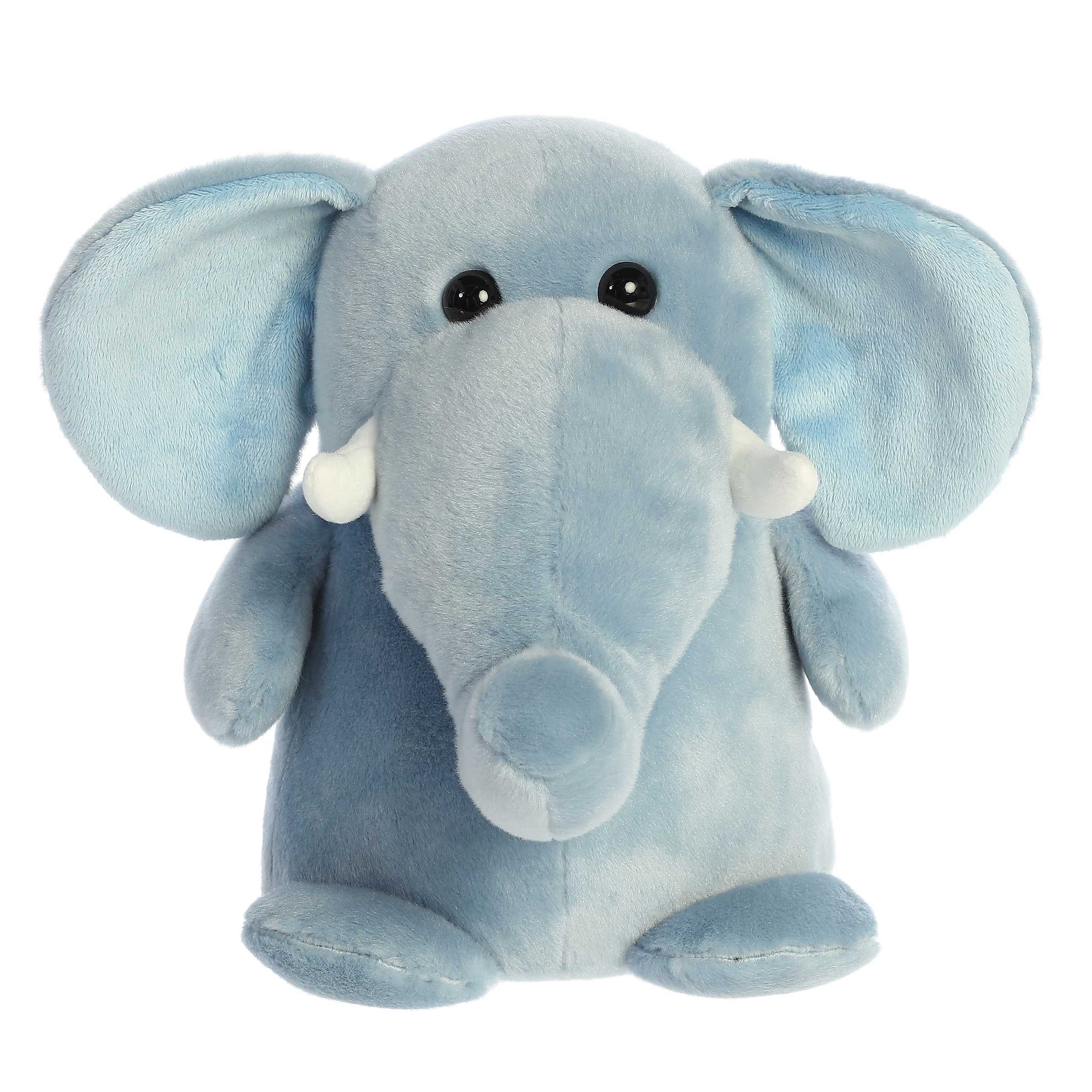 Elephant plush in baby blue, showcasing a majestic trunk, floppy ears, and ivory tusks, part of the Happy Hippo And Friends.