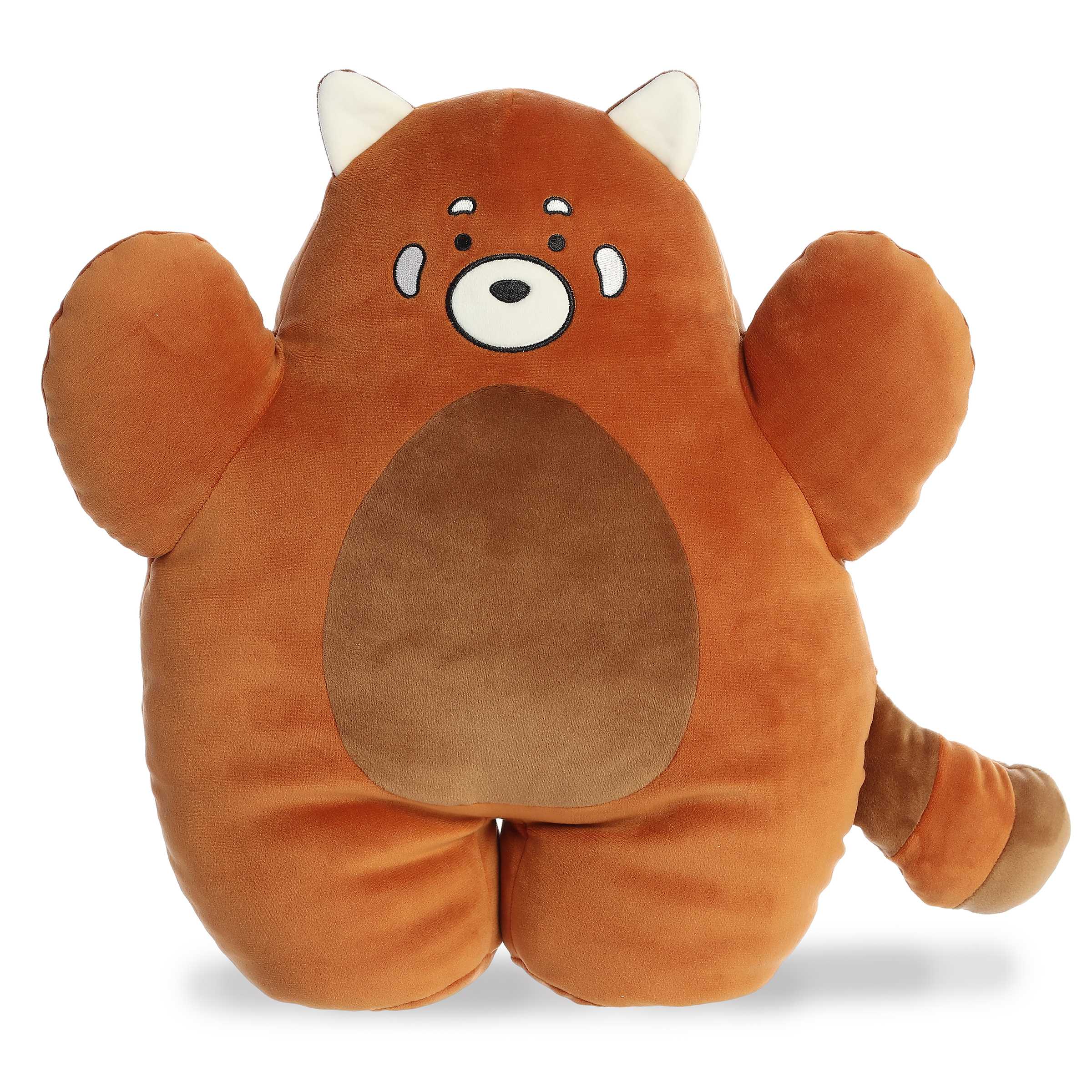 Cuddly soft panda plush toy with red-orange body, white accents on ears and face, and brown designs on tail and at the center