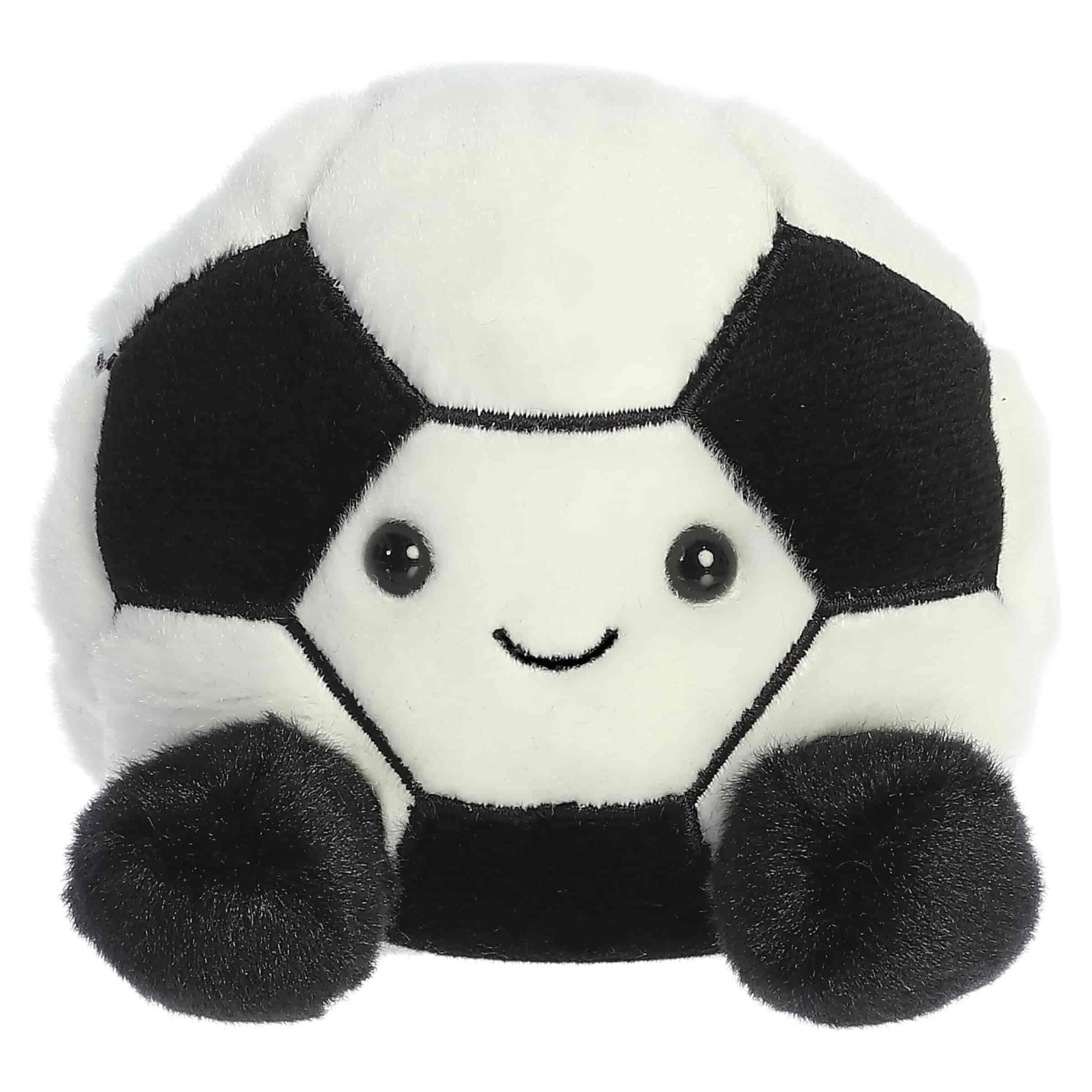 Striker Soccerball is a plushie with a bold pattern of black and white panels, mirroring a classic soccer ball!