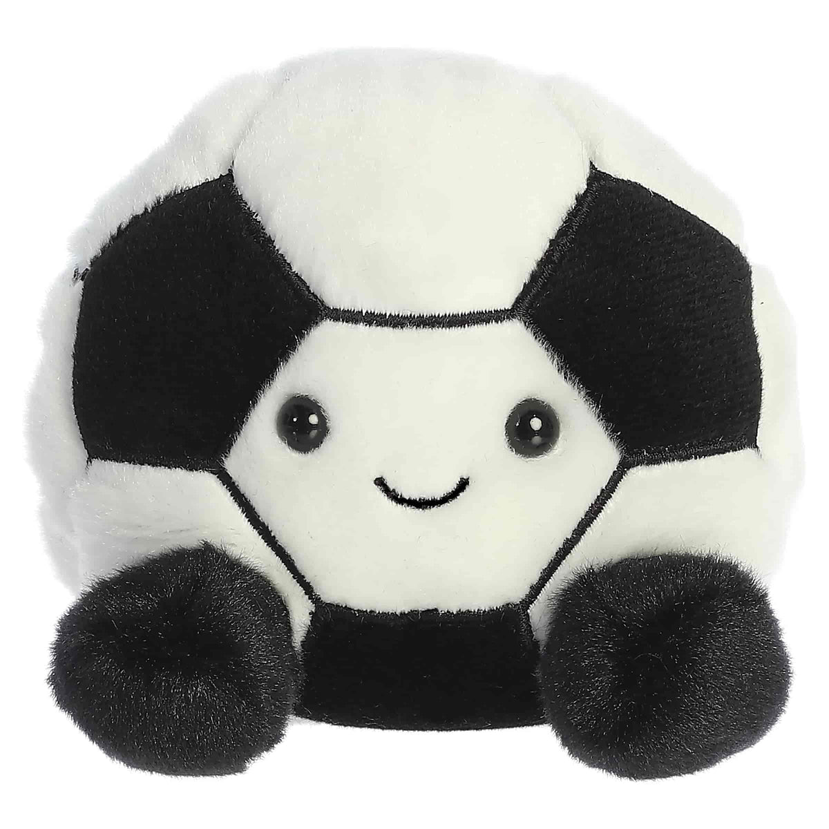 Striker Soccerball is a plushie with a bold pattern of black and white panels, mirroring a classic soccer ball!