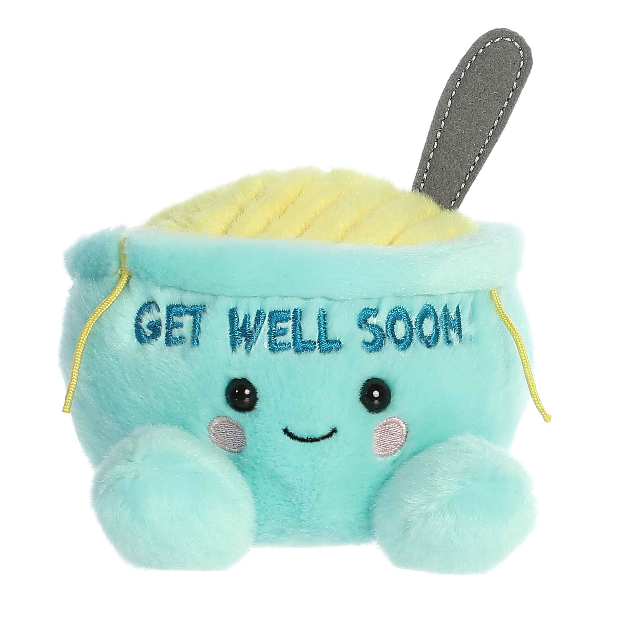 Welly Chicken Soup plush from Palm Pals, with soft yellow broth and 'Get Well Soon' message, comforting