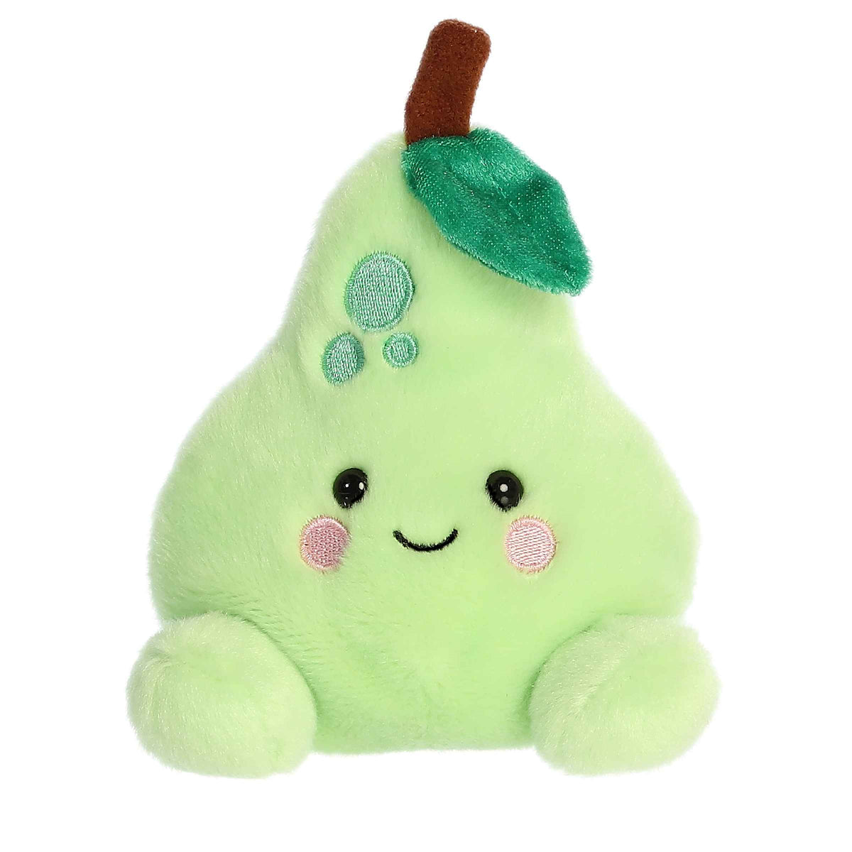 Bartlett Pear plush from Palm Pals, green with lighter speckles, leaf and stem