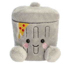 Plush toy of a grey trashcan in the Palm Pals collection with a pizza slice design and cheerful face.