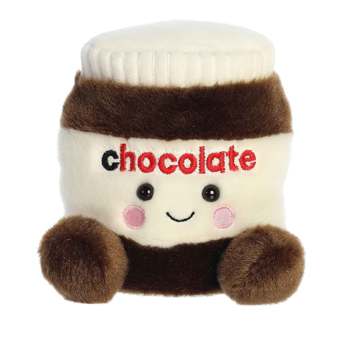 Plush toy of a chocolate spread jar in the Palm Pals collection with a label and cheerful face.