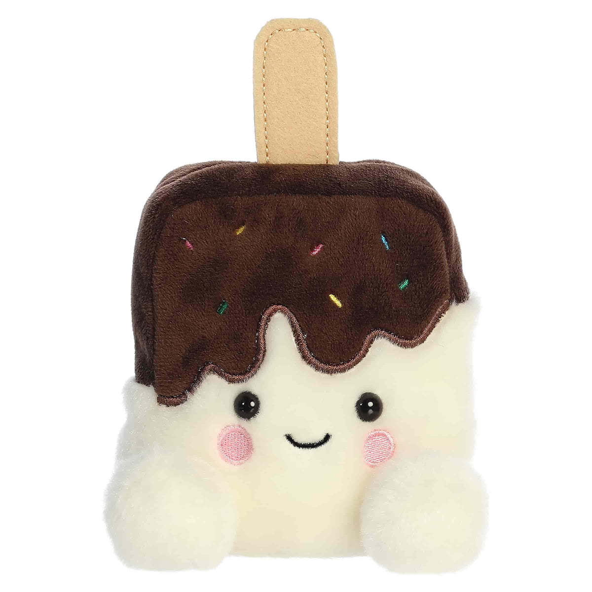 Plush toy of a chocolate-coated ice cream bar in the Palm Pals collection with a stick handle and a happy face.
