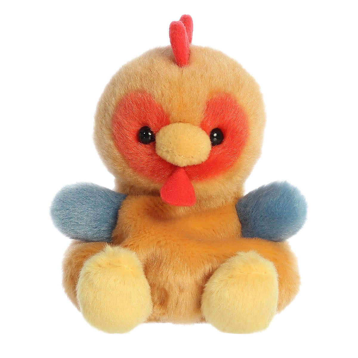 Plush toy of an orange rooster in the Palm Pals collection with blue wings and a red comb.