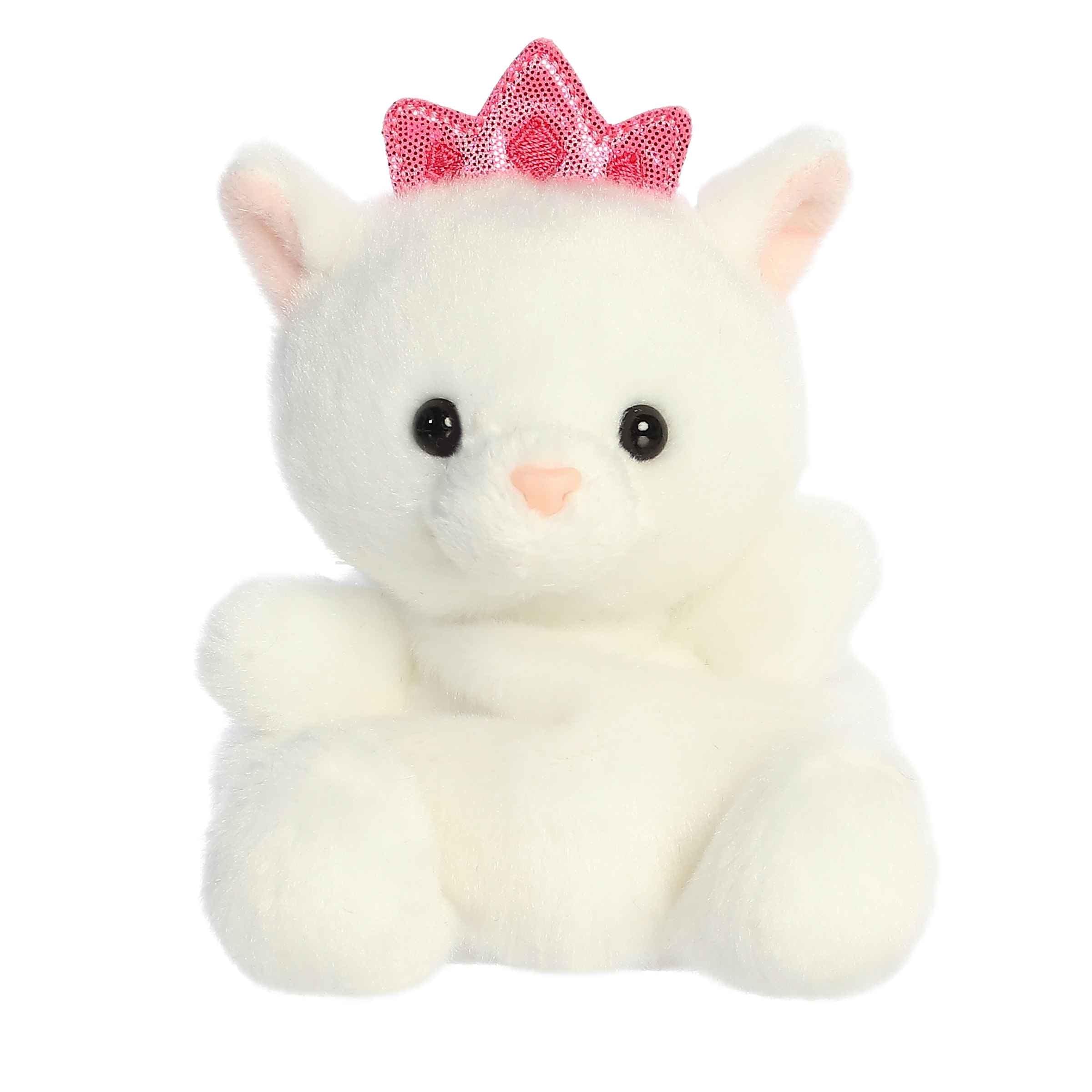 Plush toy of a white kitten in the Palm Pals collection with a pink bow, embodying elegance and charm.