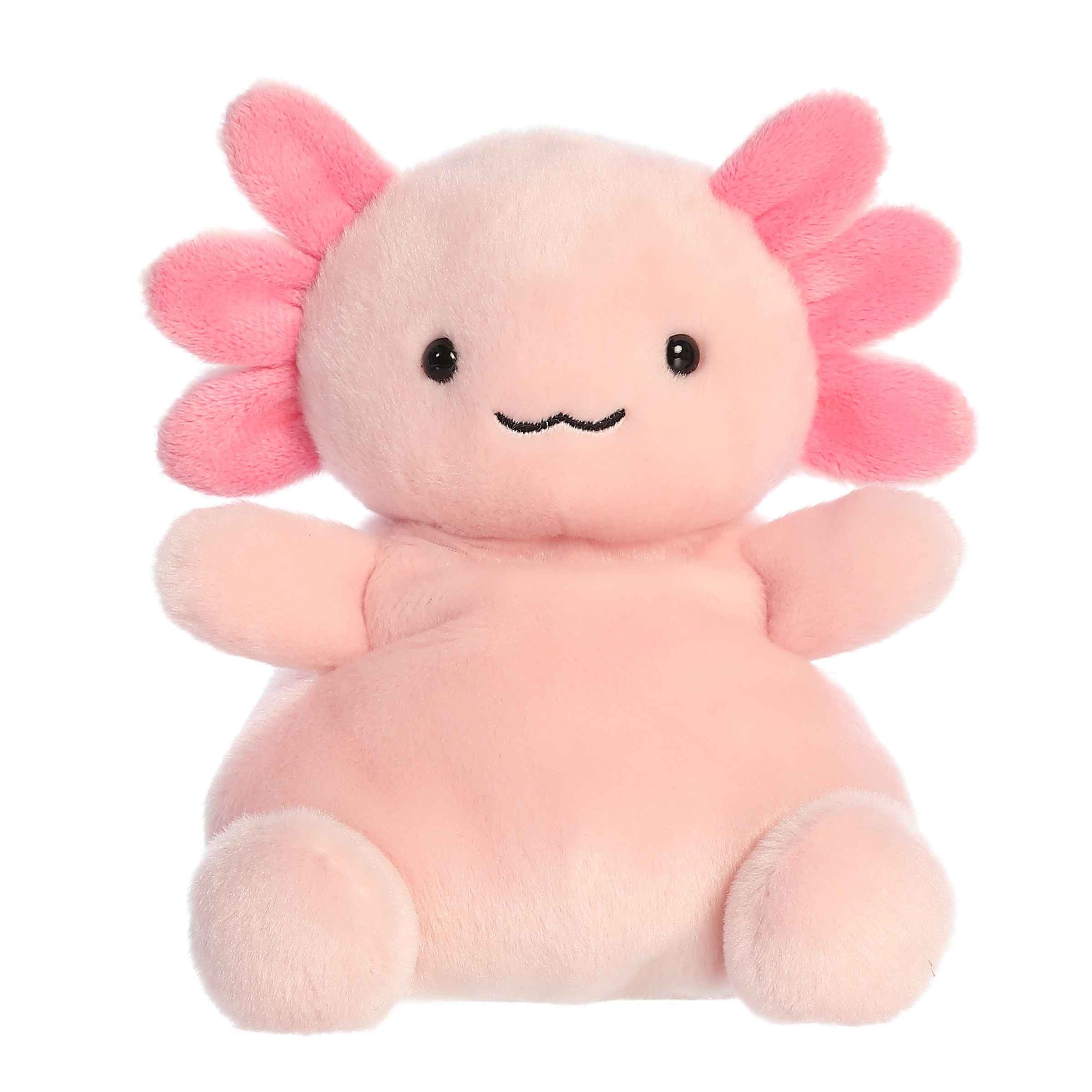 Larger plush toy of a pink axolotl in the Palm Pals collection, with detailed gills and a friendly smile.