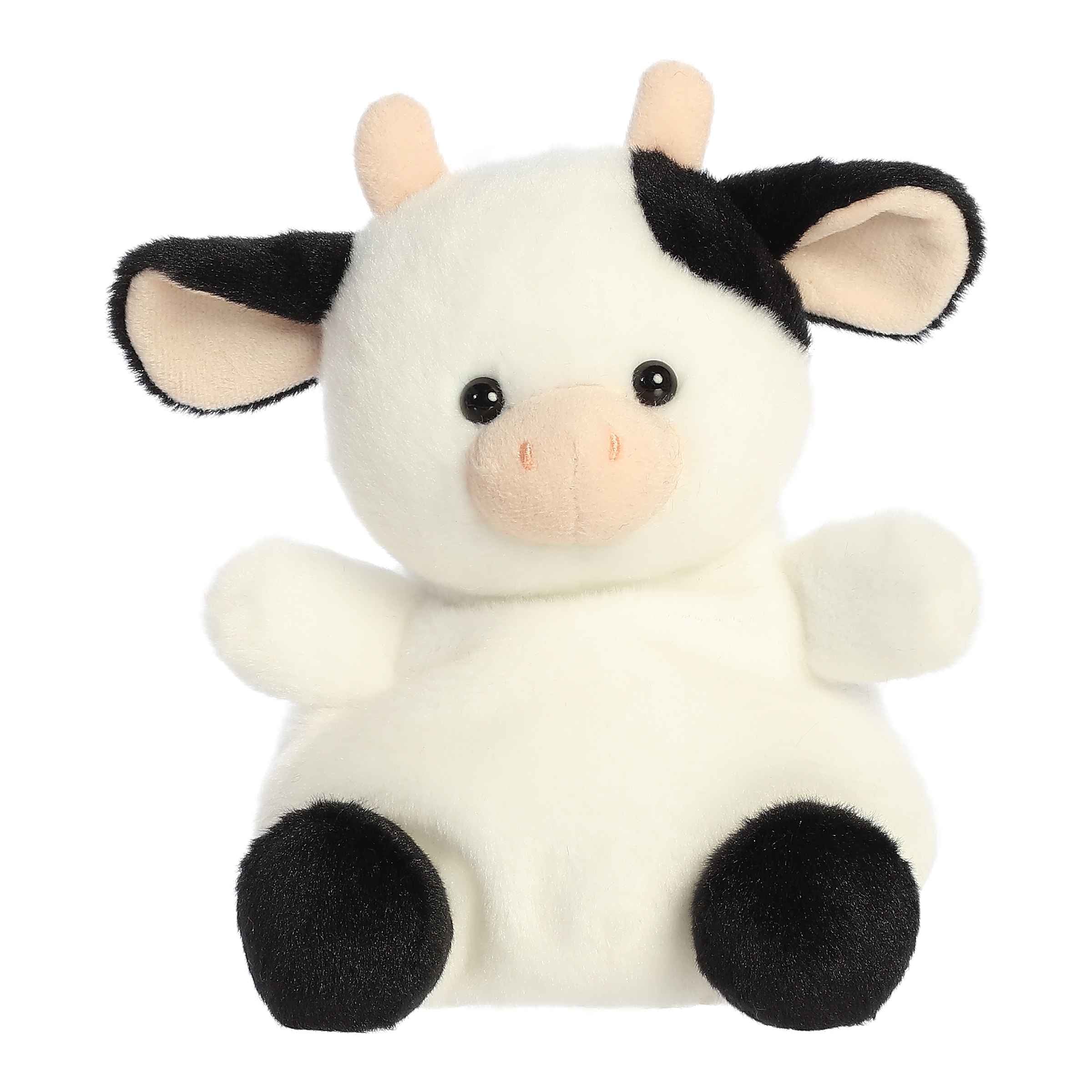 Larger plush toy of a cow in the Palm Pals collection, white with black spots and a sweet expression.