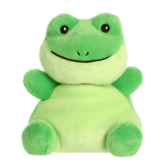 Larger plush toy of a green frog in the Palm Pals collection, with a wide smile and inviting eyes.