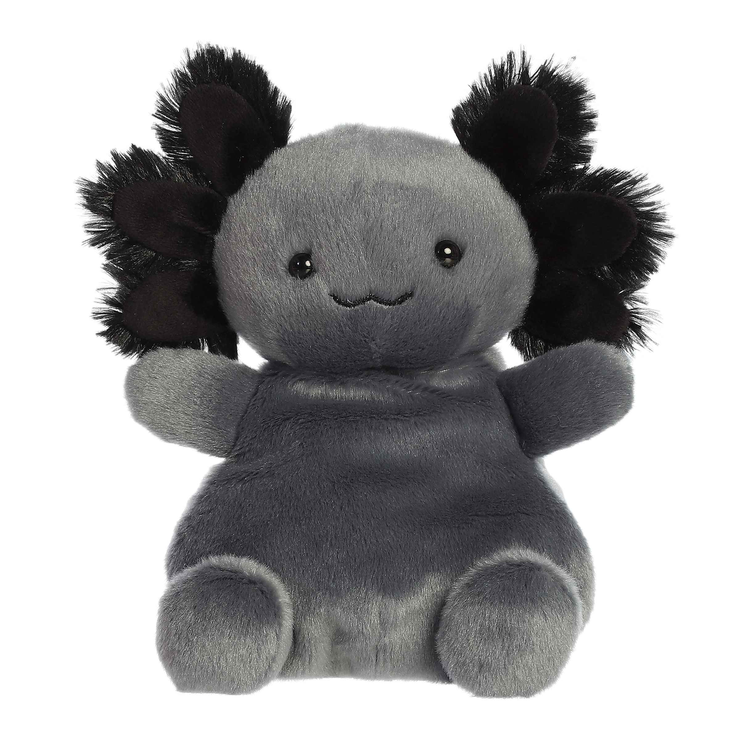 Larger plush toy of a grey axolotl in the Palm Pals collection, with distinctive black gills and a gentle expression.