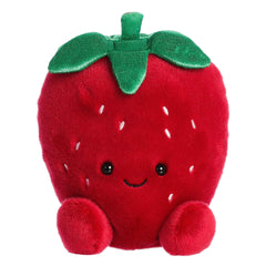 Larger plush toy of a red strawberry in the Palm Pals collection, with a happy face and green leaf cap.