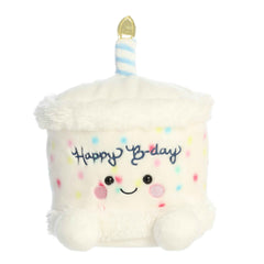 Larger plush toy of a birthday cake, complete with colorful sprinkles, a candle, and a cheerful "Happy Birthday"!