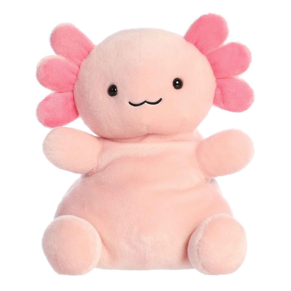 Larger plush toy of a pink axolotl in the Palm Pals collection, with detailed gills and a friendly smile.