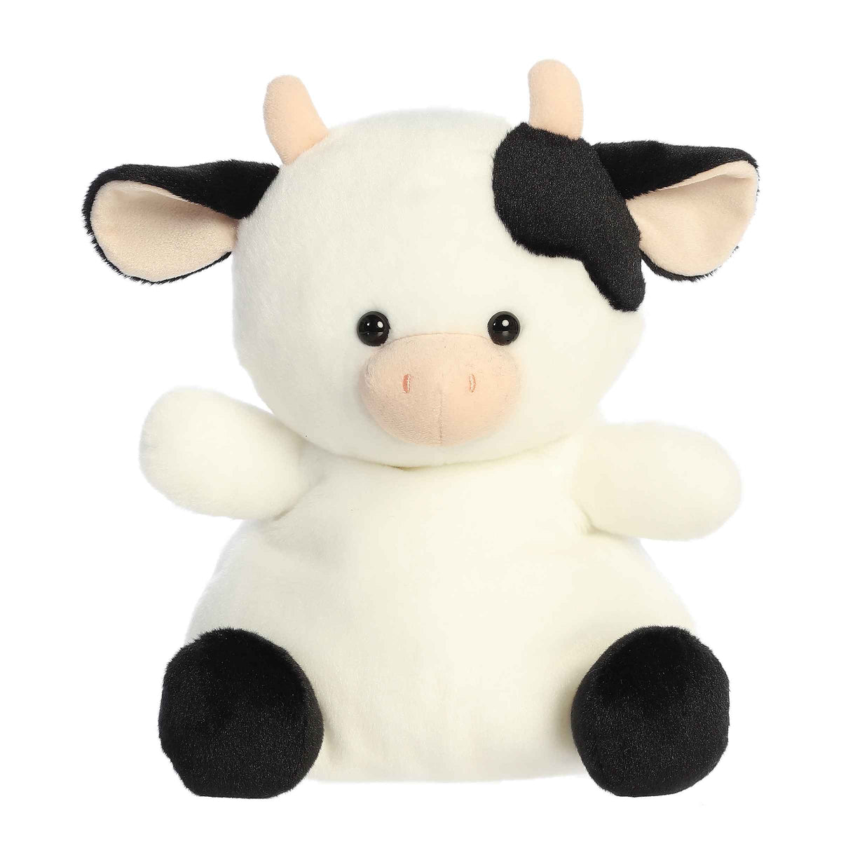 Larger plush toy of a cow in the Palm Pals collection, white with black spots and a sweet expression.