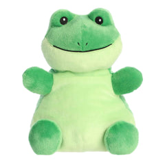 Larger plush toy of a green frog in the Palm Pals collection, with a wide smile and inviting eyes.