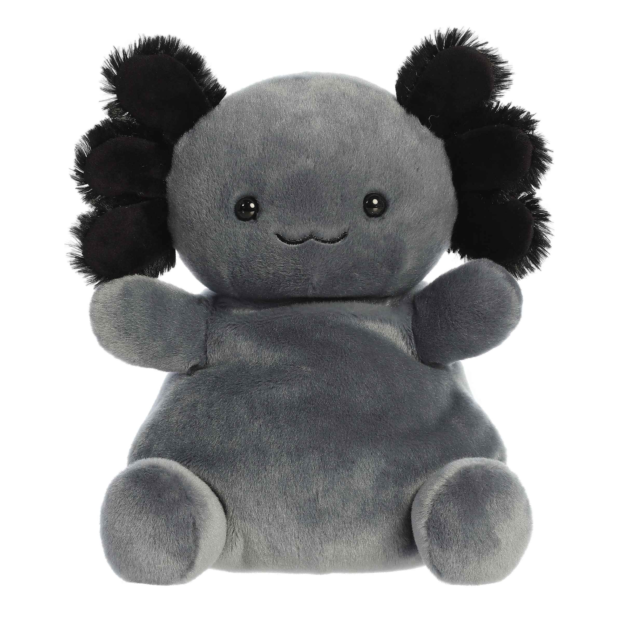 Larger plush toy of a grey axolotl in the Palm Pals collection, with distinctive black gills and a gentle expression.