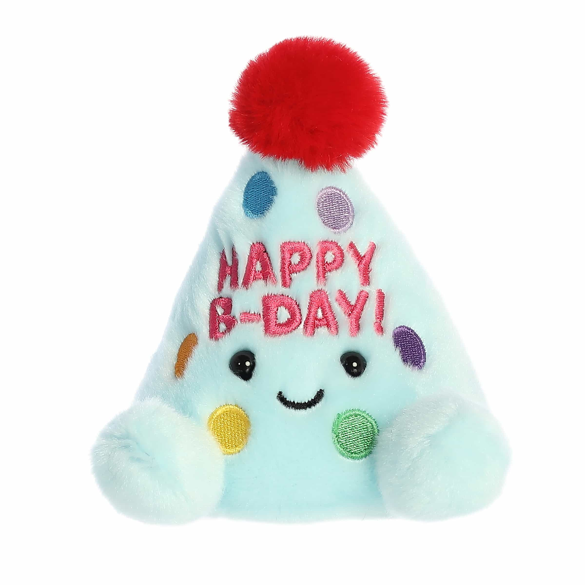 Viva Party Hat plush, turquoise with polka dots and red pom-pom, 'Happy B-Day!' message