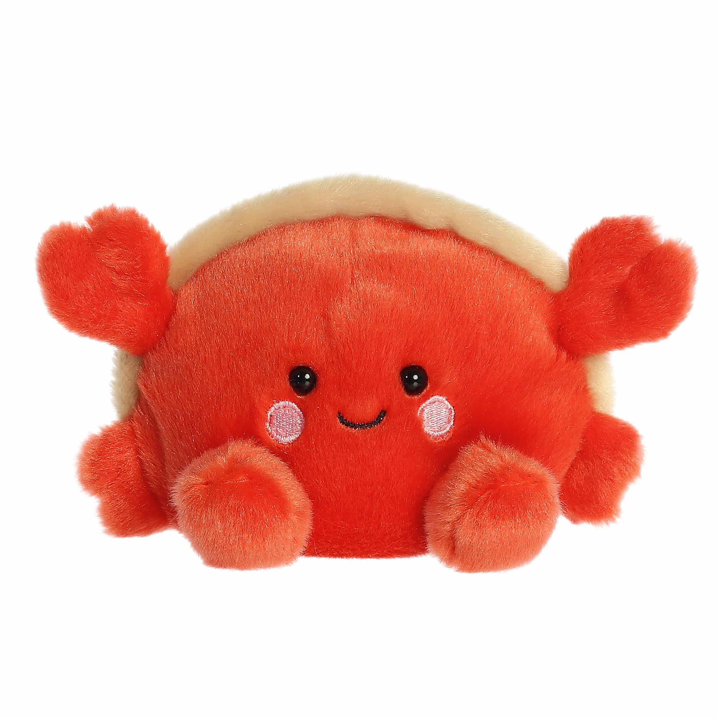 Tide Hermit Crab plush, vibrant red body with sandy beige shell top and rounded claws.