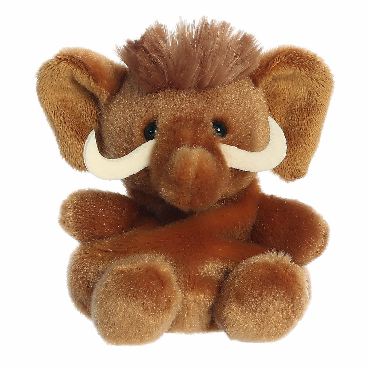 Mo Woolly Mammoth plush, deep brown with white tusks, large ears, and playful hair tuft.