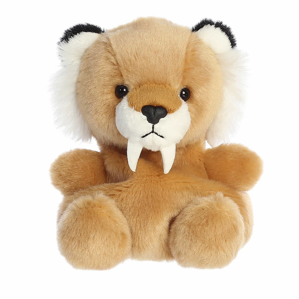 Ash Sabre Tooth Tiger plush, golden fur with white tusks and mane, piercing eyes, embodies strength.