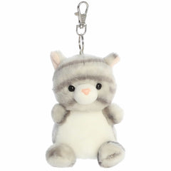 Silver Kitty clip-on plush, sleek with glistening fur and attentive eyes, elegance on the go