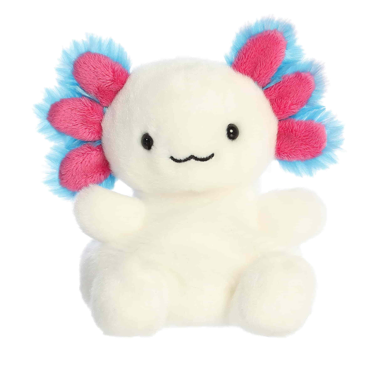 Plush toy of a white axolotl by Palm Pals with bright pink gill fronds, black eyes, and a relaxed smile.