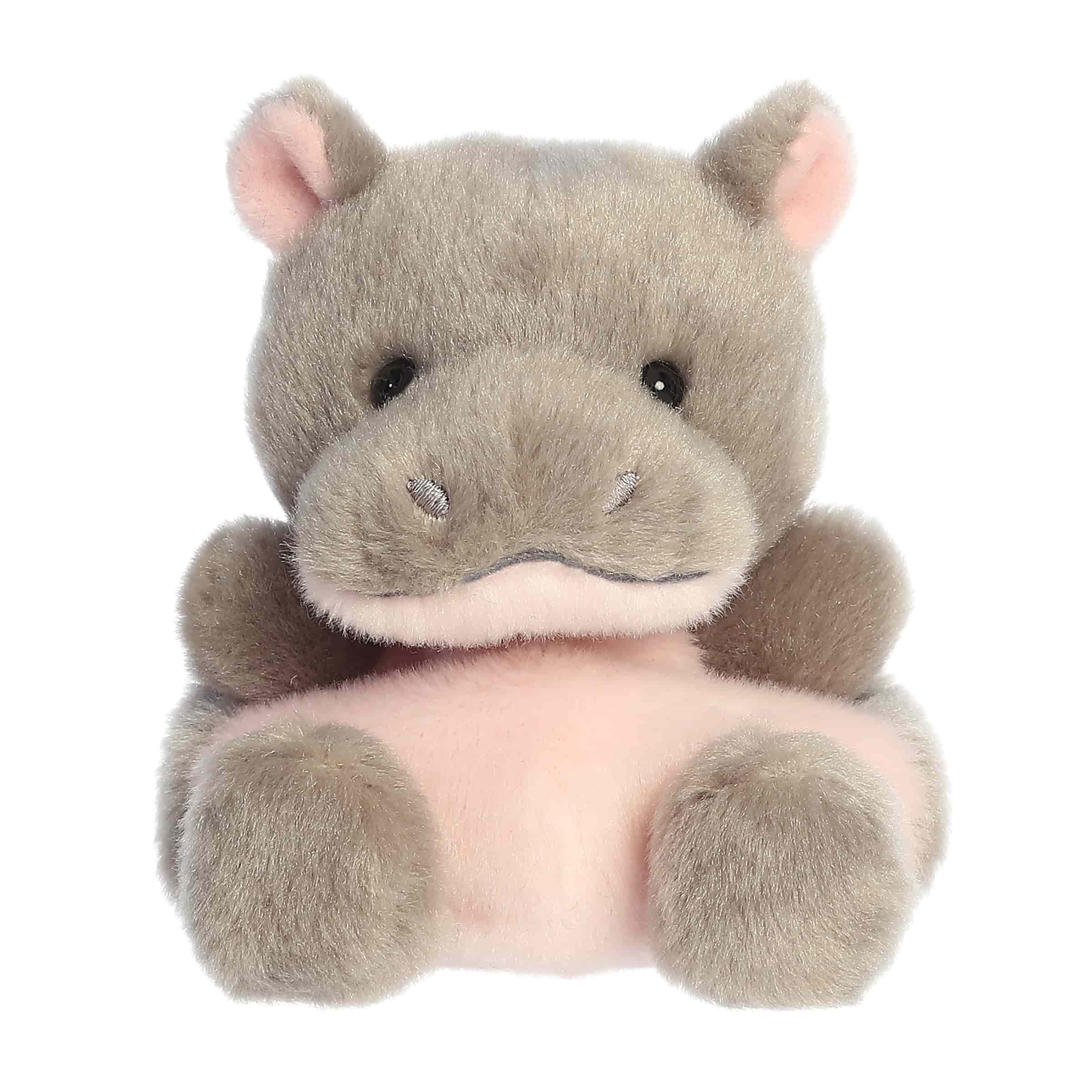 Plush toy of a grey hippo by Palm Pals with a bubblegum-pink belly, snout, and tiny rounded ears.