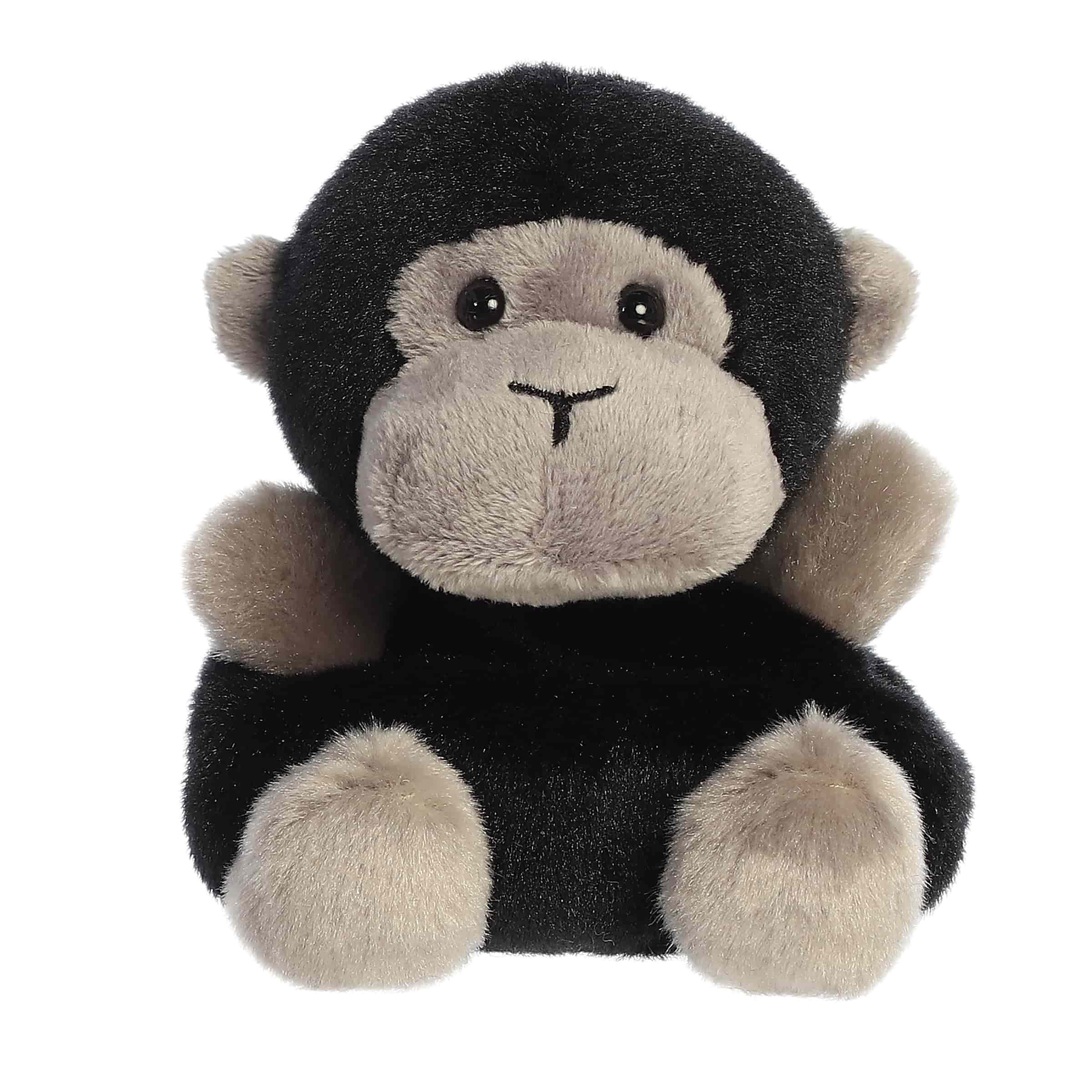 Plush toy of a black gorilla by Palm Pals with a grey face, soft belly, and a calm, friendly expression.