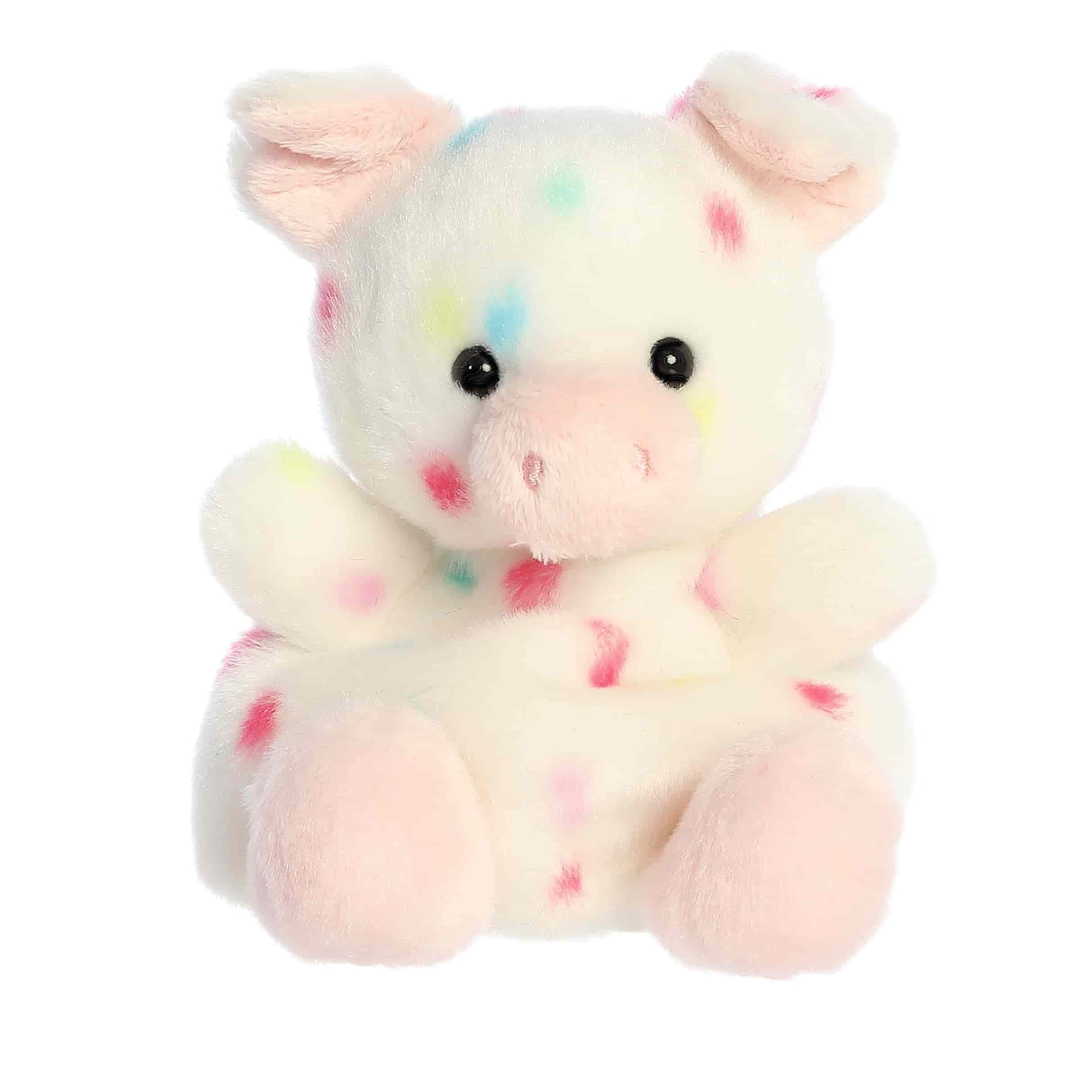 Plush toy of a white pig by Palm Pals with pastel confetti dots, a pink snout, and matching hooves