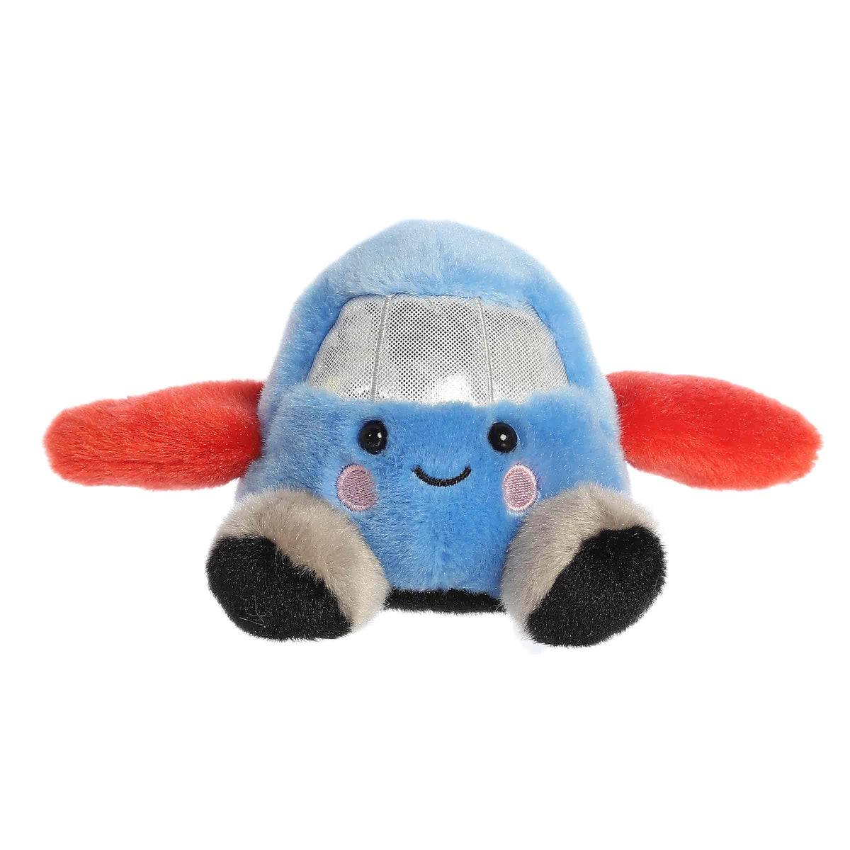 Plush toy of a blue airplane by Palm Pals with red wings, silver windows, black wheels, and rosy cheeks.