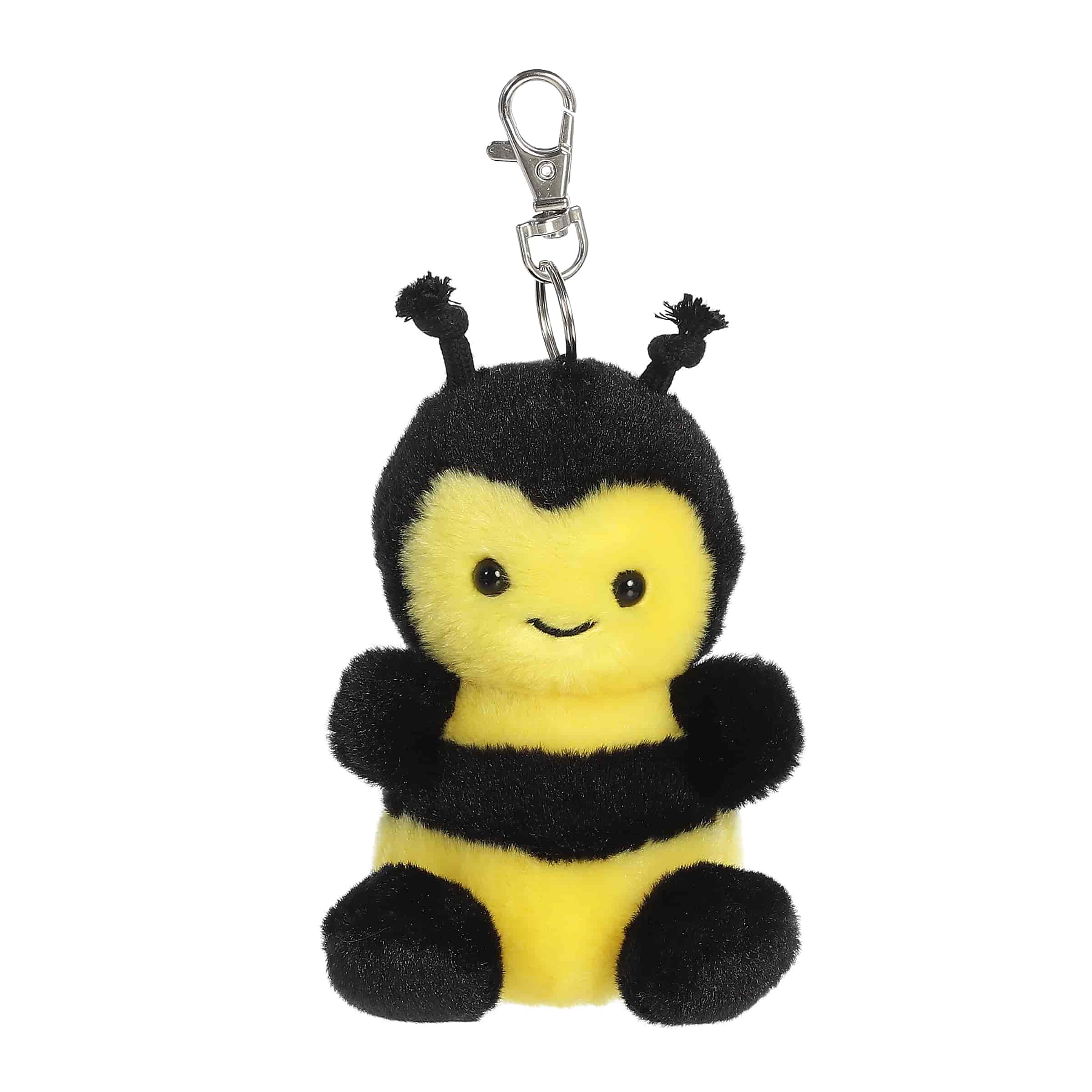 Plush keychain of a yellow bee by Palm Pals with black stripes, fuzzy wings, and tiny antennae.