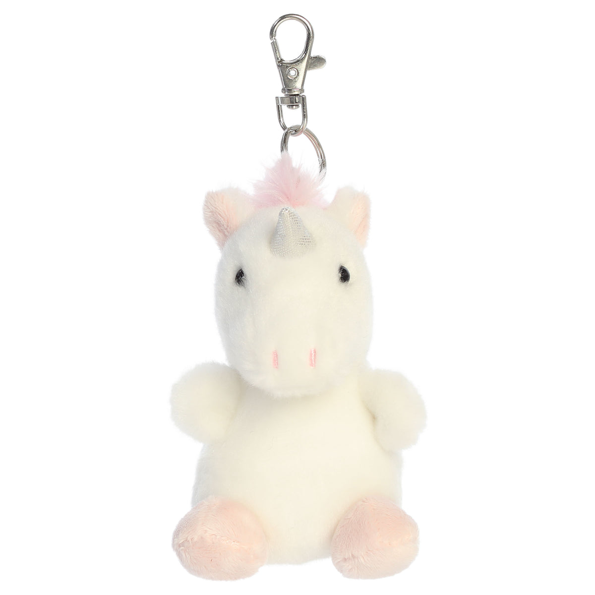 A unicorn plush clip-on from Aurora with white fur, a pink mane, pink hooves, and pastel accents.