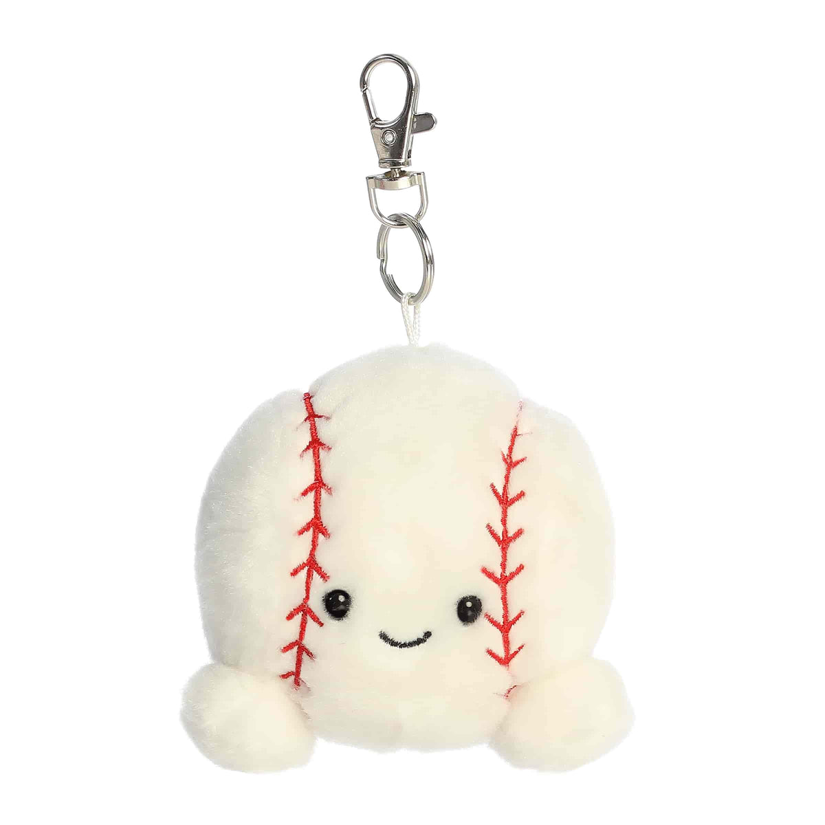 Plush keychain of a white baseball by Palm Pals with red stitching, a smile, and soft arms.