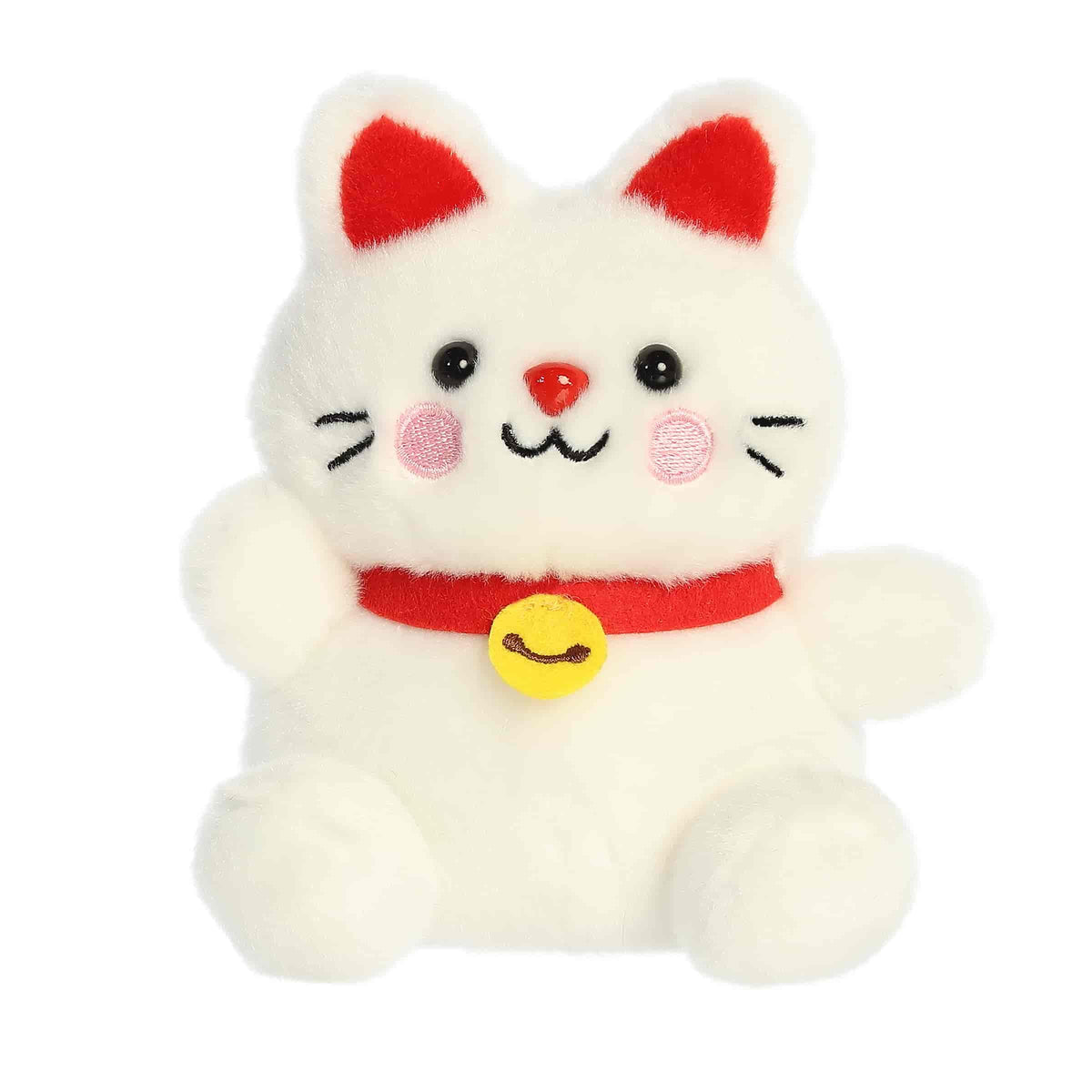 A small white lucky cat plush with red accents and a gold bell collar from Palm Pals by Aurora
