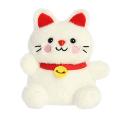 A small white lucky cat plush with red accents and a gold bell collar from Palm Pals by Aurora