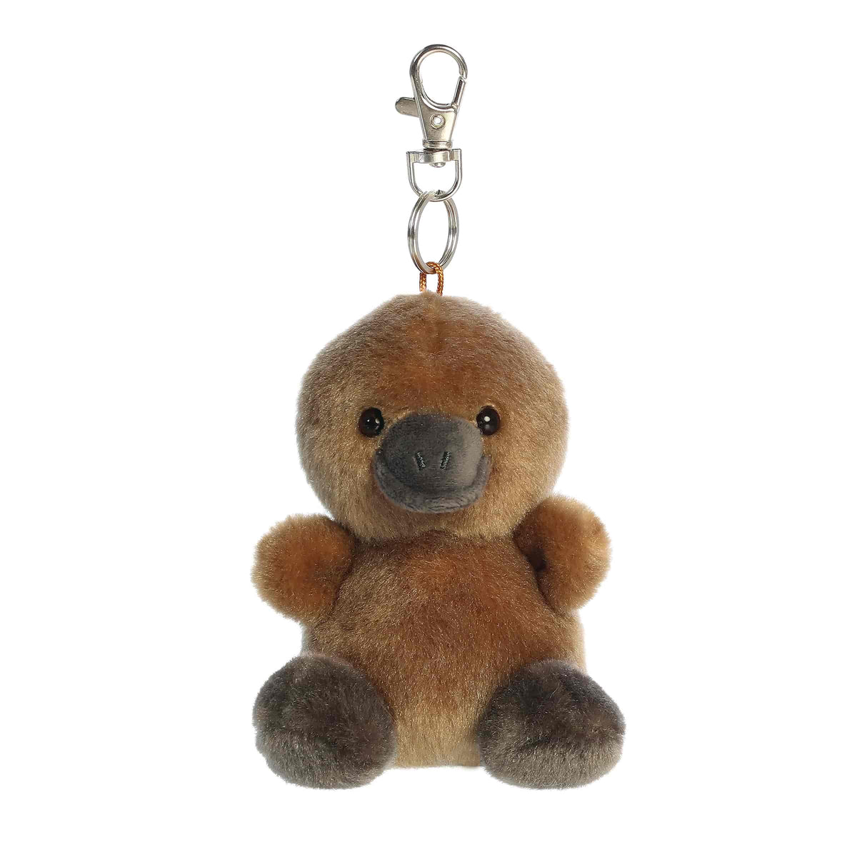 A small brown platypus plush clip-on with a bill and tiny feet from Palm Pals by Aurora