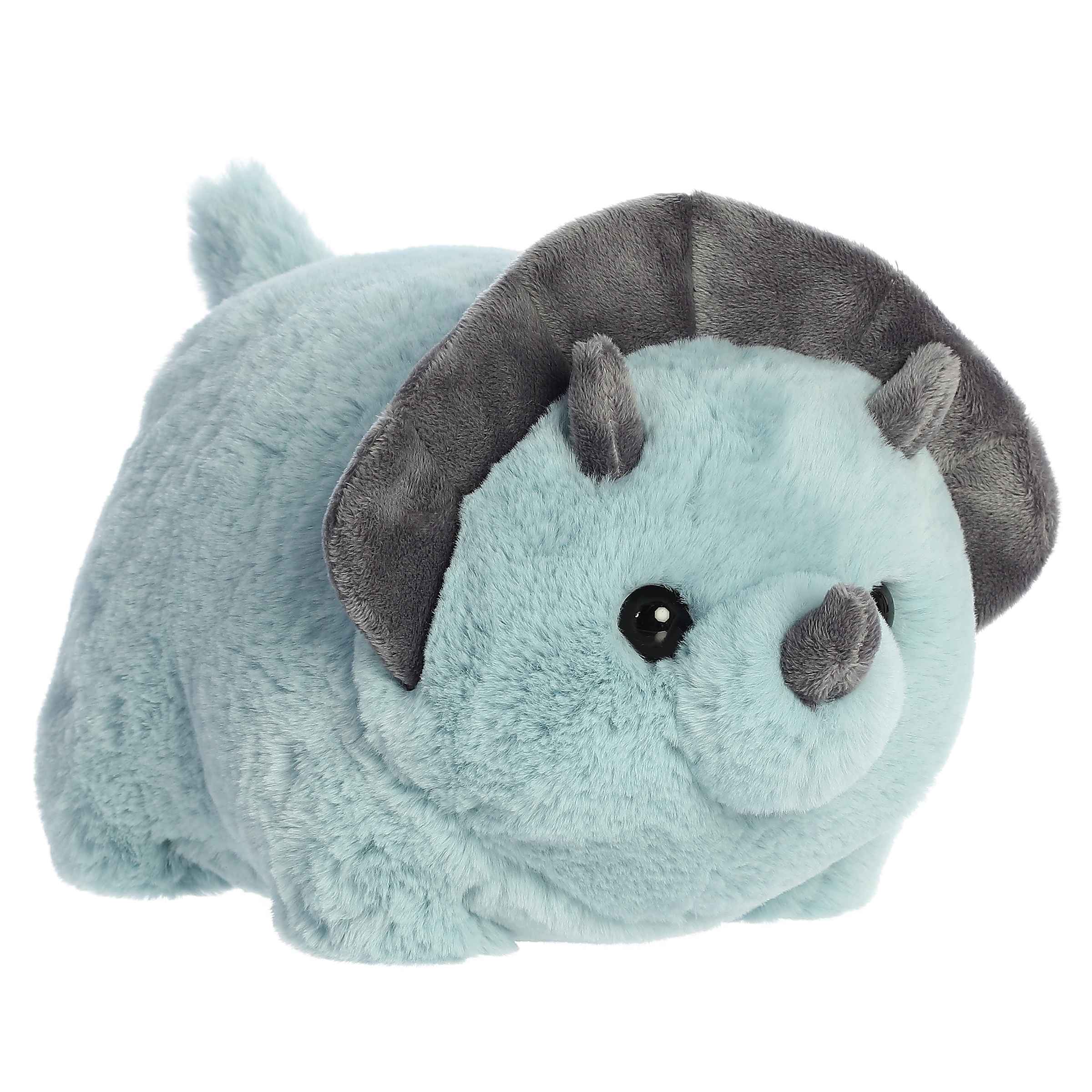 Taren Triceratops plush from Spudsters, blue and gray, prehistoric fun, comforting