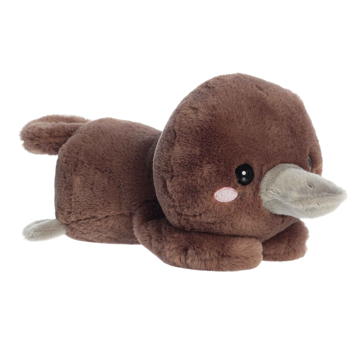 Pimmy Platypus plush from Too Cute Collection by Aurora plush, brown coat with big sparkly eyes in the laying down position