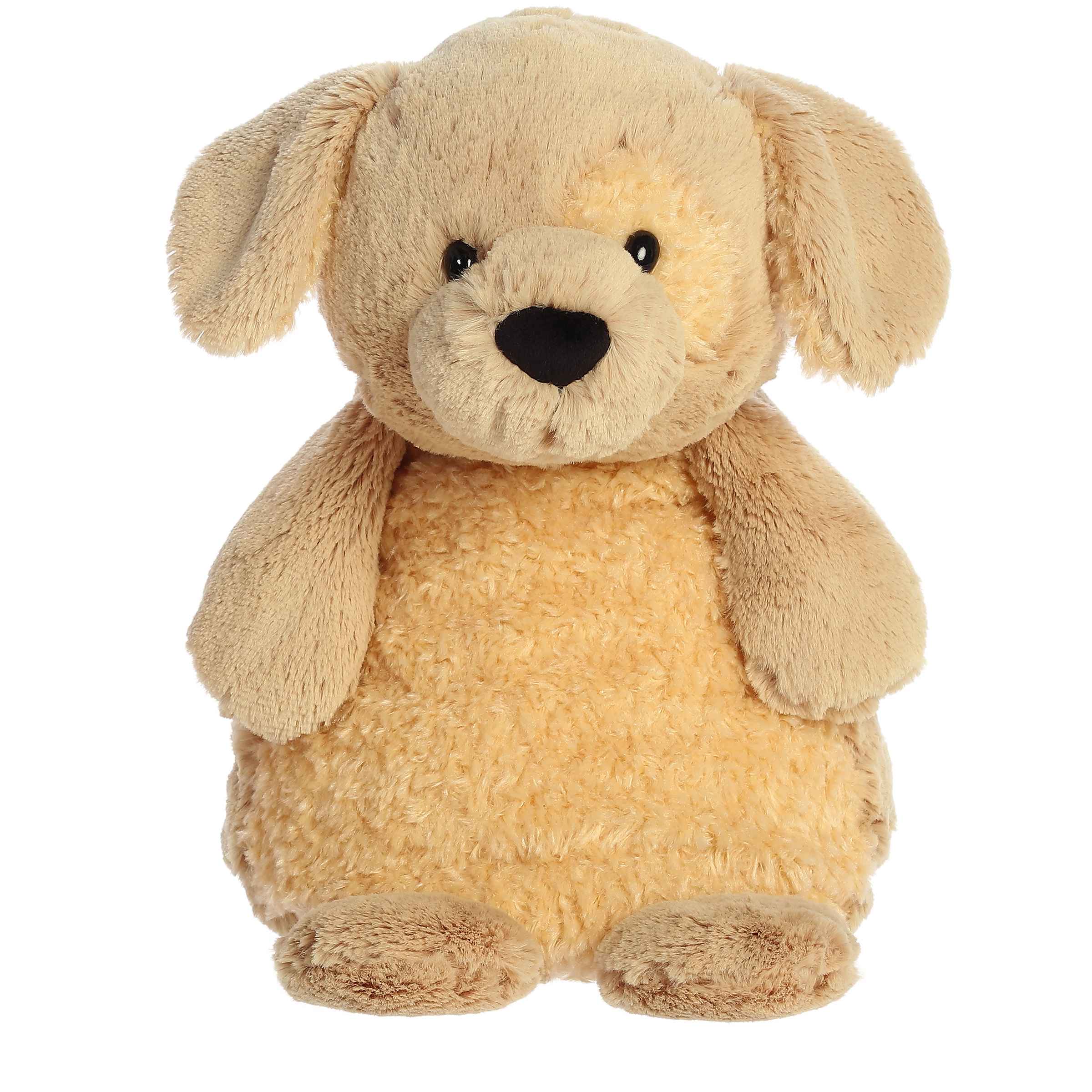 Patient Pupster plush, tan puppy plush from the Huggle Pals Collection by Aurora, in the seated position slumped over
