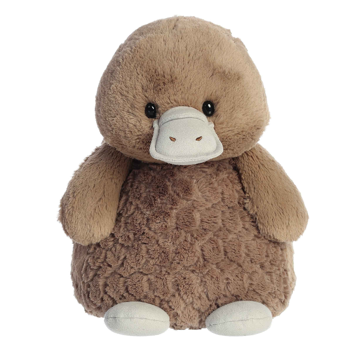 Peaceful Platypus plush, chocolate-brown from Huggle Pals, seated and cozy with a charming and tranquil demeanor
