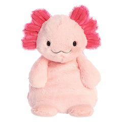 Assuring Axolotl plush, pink with hot-pink gills, seated and smiling from Huggle Pals, offers gentle hugs